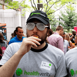 HealthVerity employee dressed in HealthVerity swag